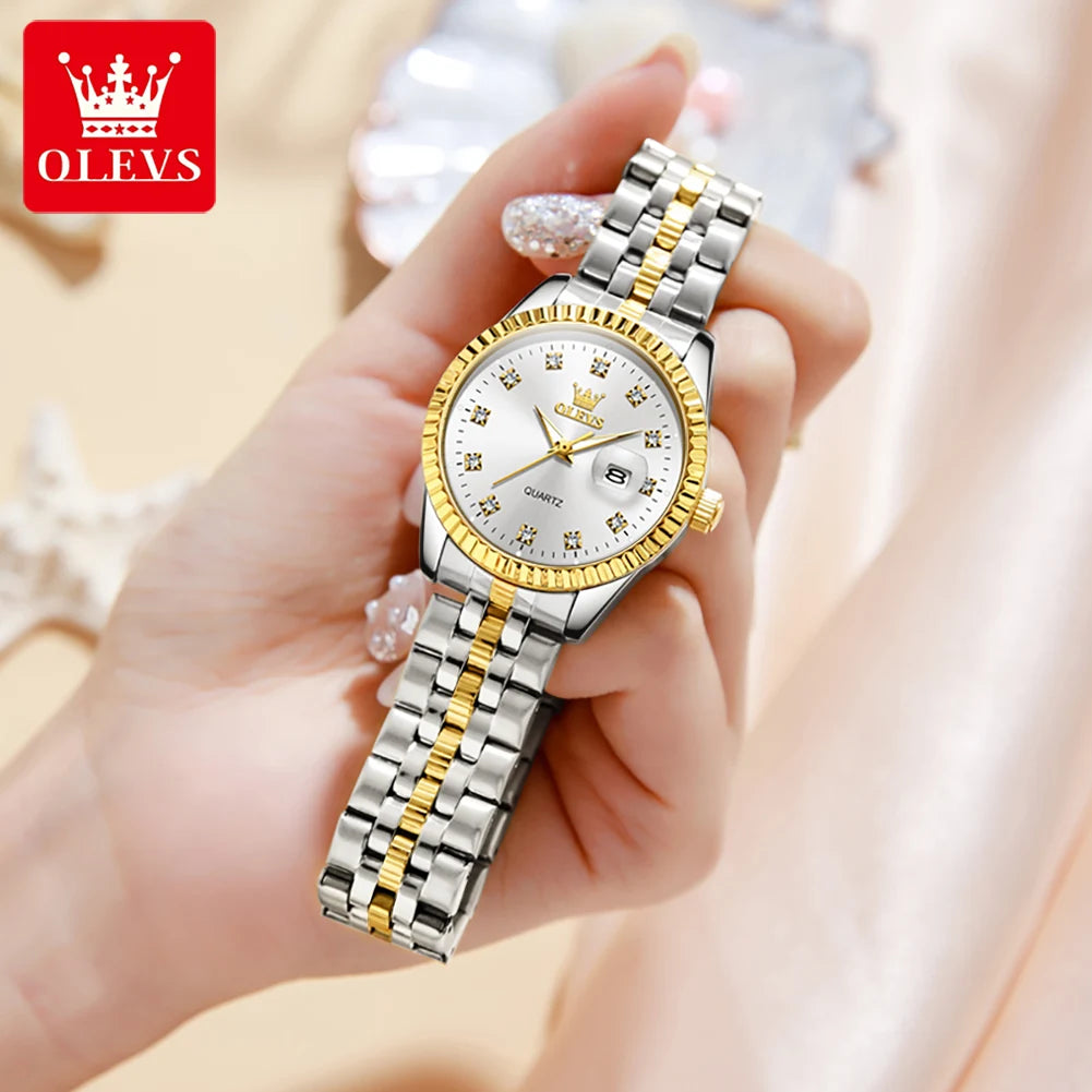 OLEVS 5526 Quartz Elegant Dress Wristwatch Luxury Stainless Steel Waterproof Watch For Women Date Display Original Woman Watches - Qoraheyhub