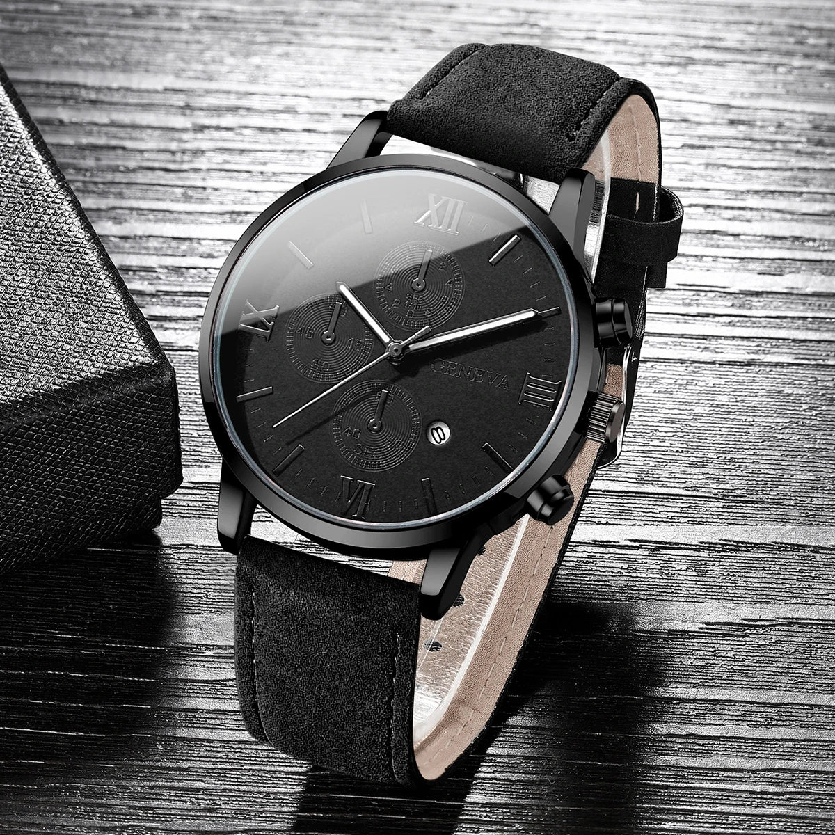 1/2PCs Men's Casual Calendar Watch Fashionable Men's Temperament Leather Quartz Watch Unisex Watch Set(Box Not Included) - Qoraheyhub