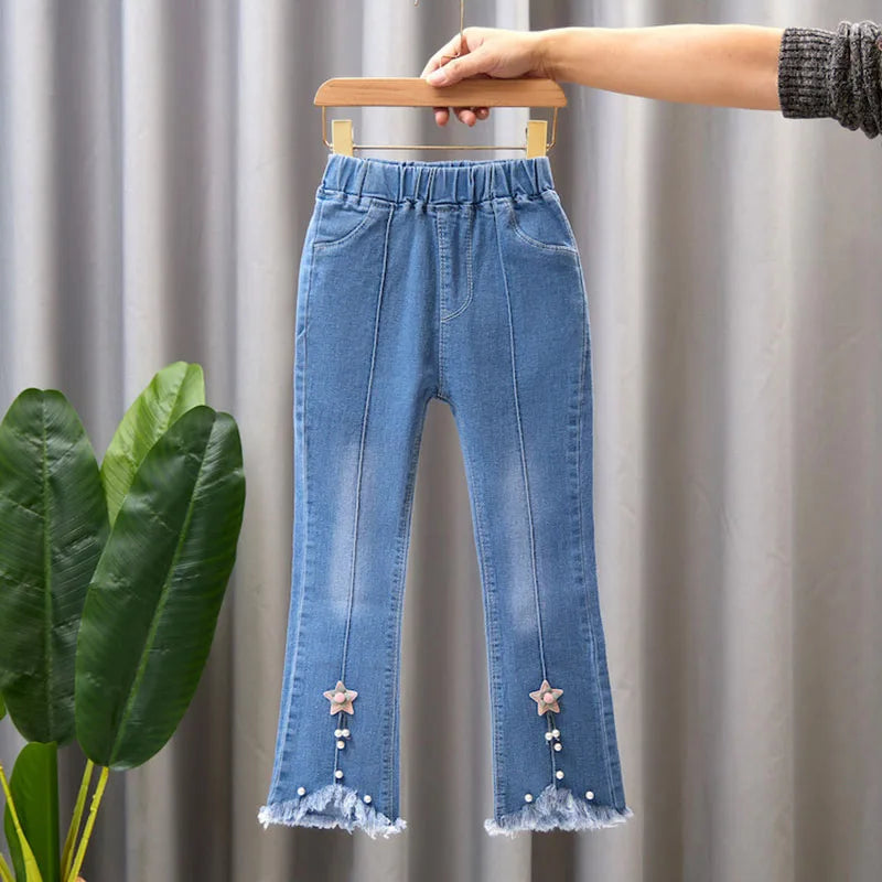 2024 New Autumn Elastic Kids Jeans Girls Cute Leisure Bow Denim Blue Children Flared Pants teenage Girl Clothes Trousers 3-12Y - Qoraheyhub