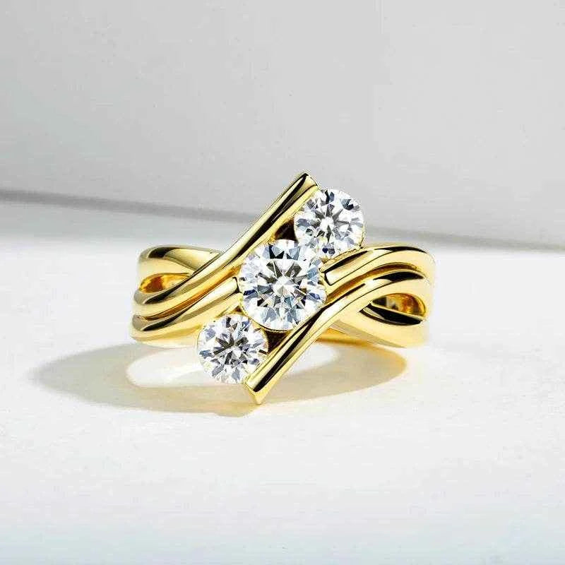 Three Stones 925 Sterling Silver 2 Carat All Moissanite Ring Woman Yellow Color Engagement Jewelry