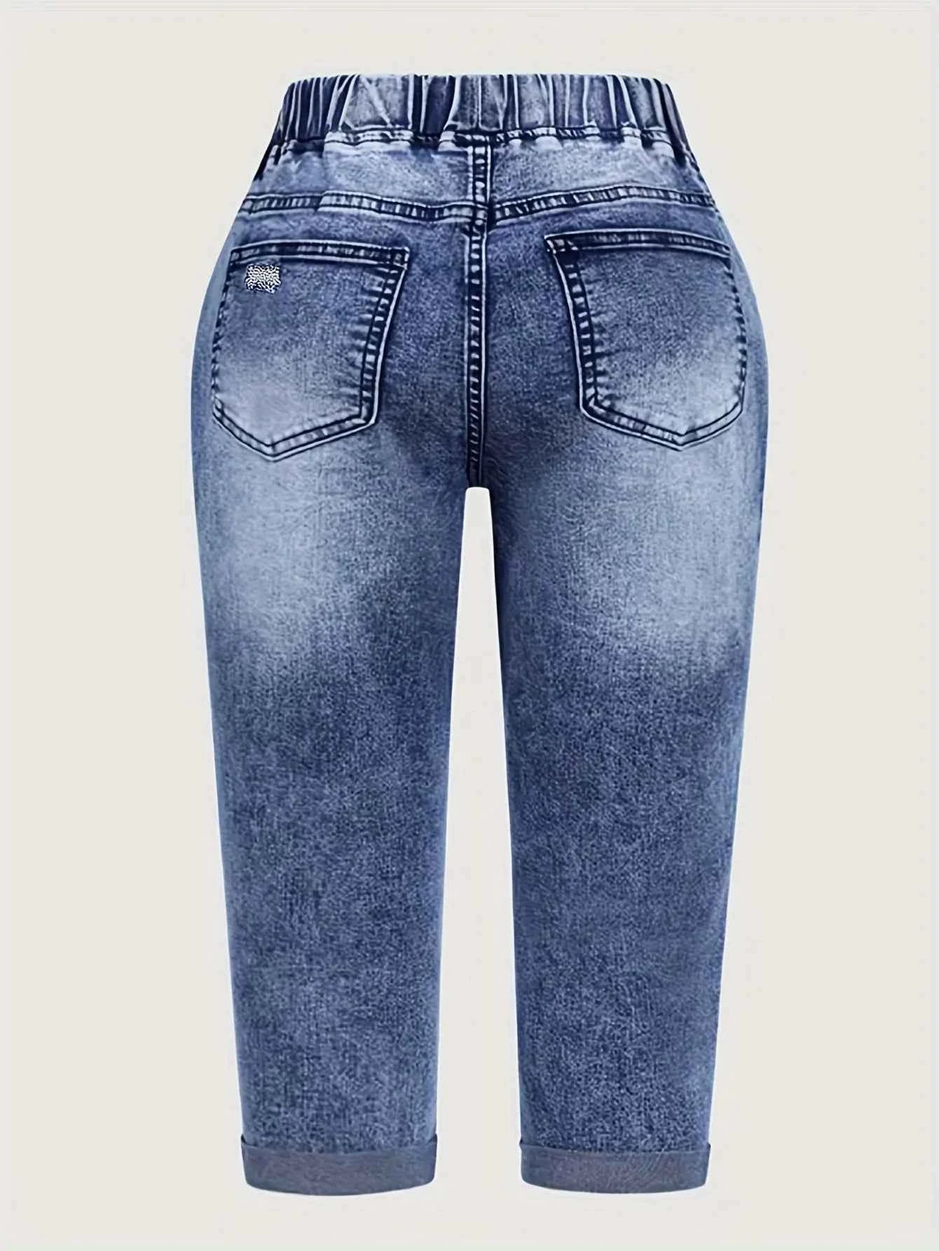 Y2K Style Women's Peacock Blue Stretch Mid-Rise Capri Jeans - Summer Casual Distressed Denim with Drawstring Waist