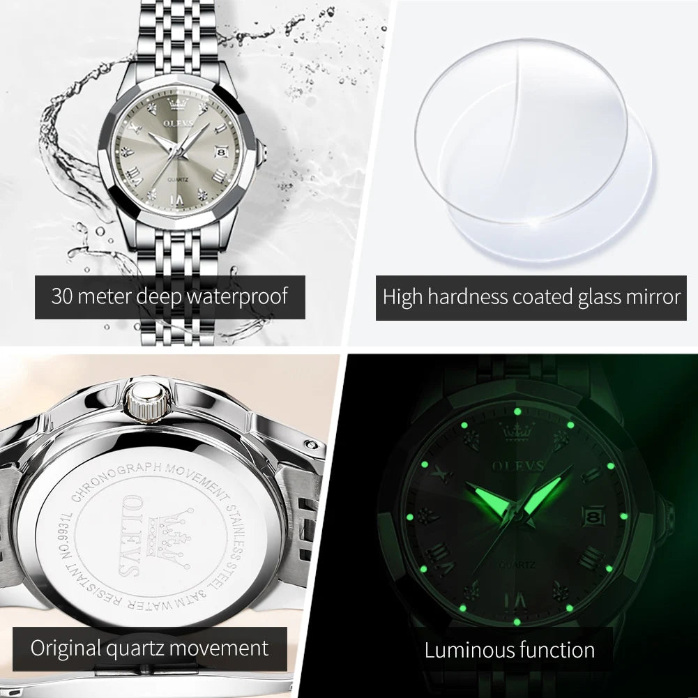 OLEVS Elegant Fashion Women's Watches Luxury Brand Original Quartz Watch for Ladies Waterproof Stainless Steel Luminous Date - Qoraheyhub