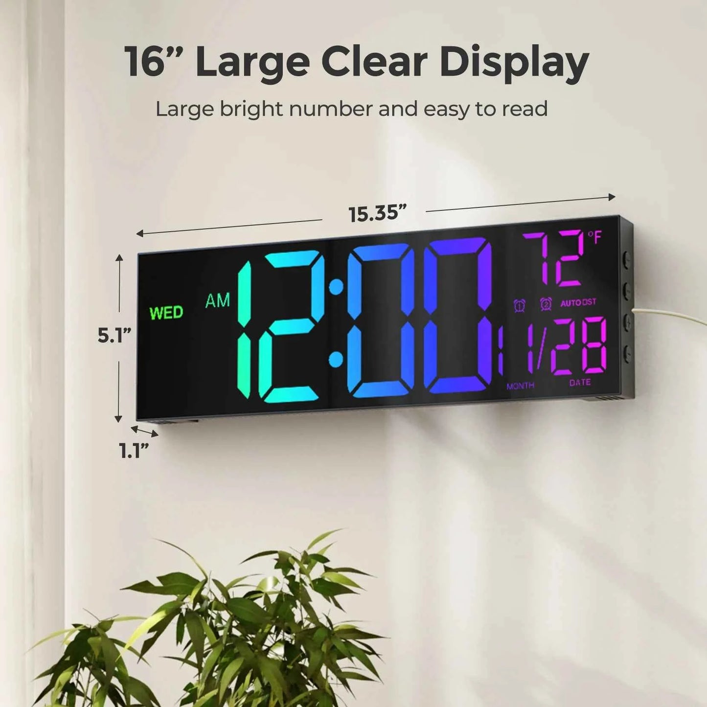 Mpow 16" Large Digital Wall Clock with Remote Control,Alarm Clock for Bedroom,10 Brightness Dimmer, 8 Colors,Auto DST, ℃/℉,Timer