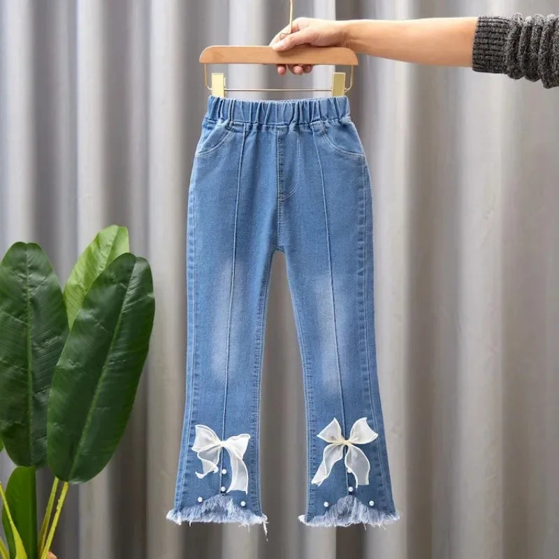 Baby Girls Cowboy Pants Spring Autumn Girls Casual Denim Trousers Children Clothing Kids Stretch Flared Pants for 4-10 Years - Qoraheyhub