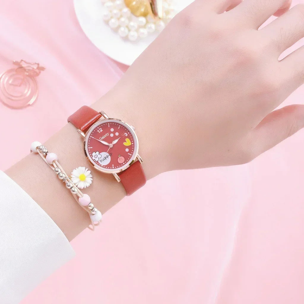 Kids Watches Pink Cute Children's Wristwatch Cartoon Pattern Quartz Watch Set for Girls Fashion Students' Clock Relogio Feminino - Qoraheyhub