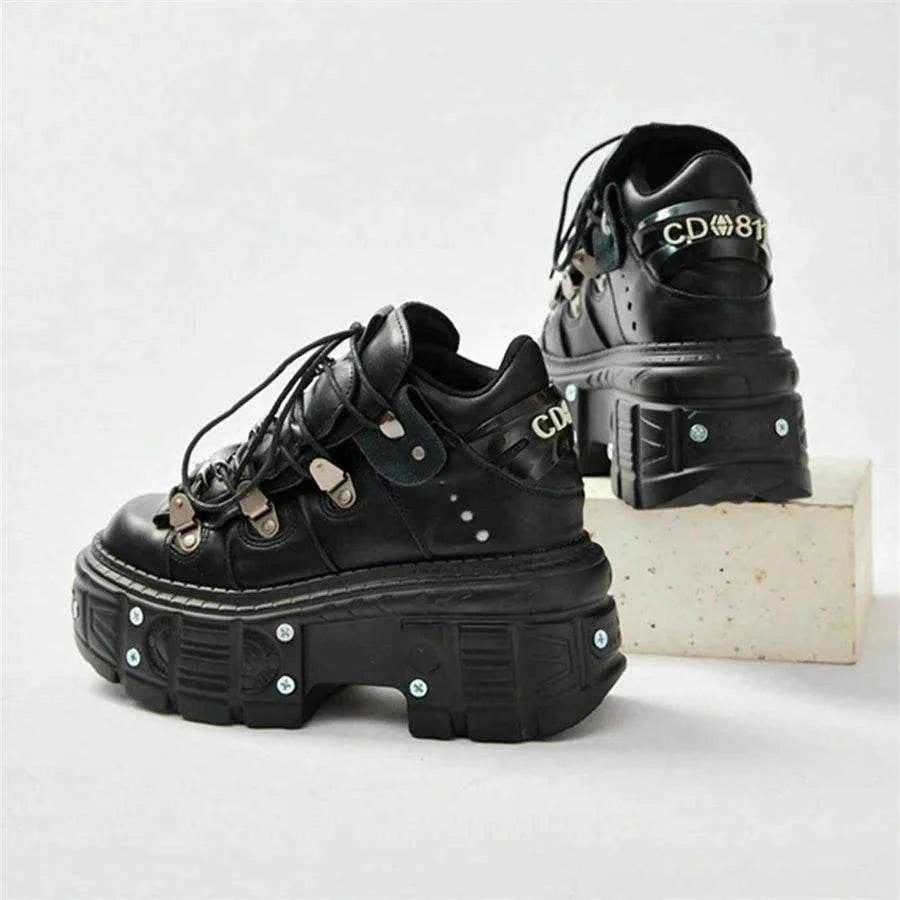 Punk Style Women Black Shoes Rock Metal Decor Lace-up Heel Height Platform Shoes Gothic Man Sneakers Women Ankle Boots 2025 New