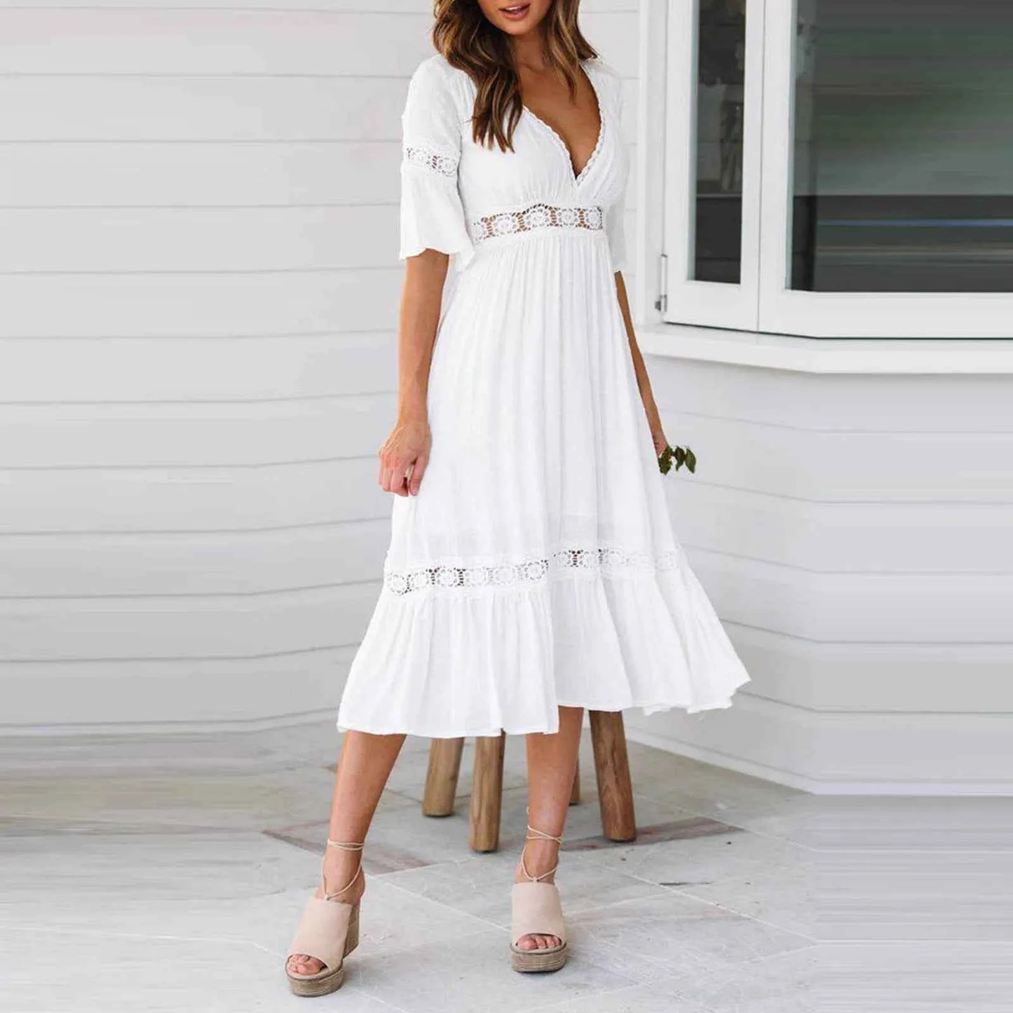 Luxury Women'S Elegant Dress Fashion White Deep V Lace Splicing Summer Comfortable And Cool Dress Wedding Party Outfits