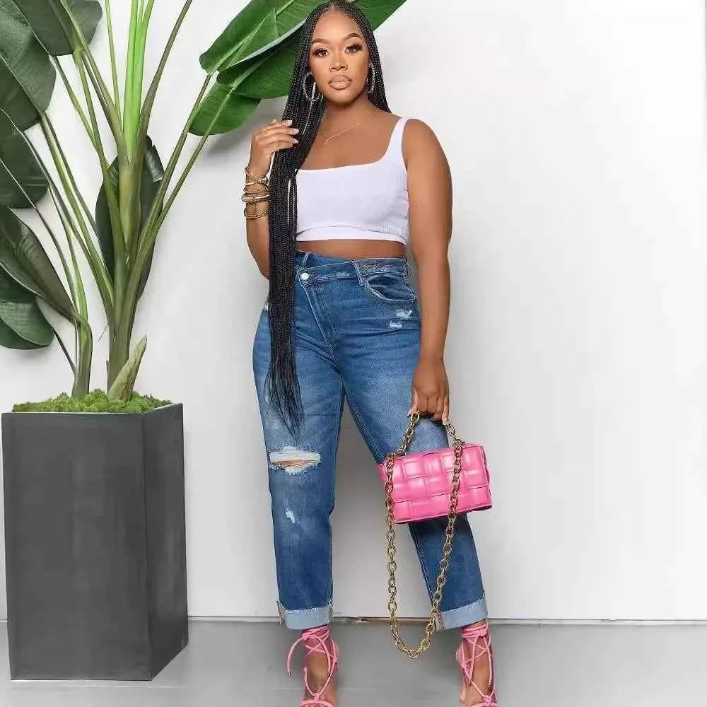Jeans Women denim pant Cuffs Hole Distressed Ankle Length Straight Pants Washed Ripped Casual Denim High Waist Loose 2025