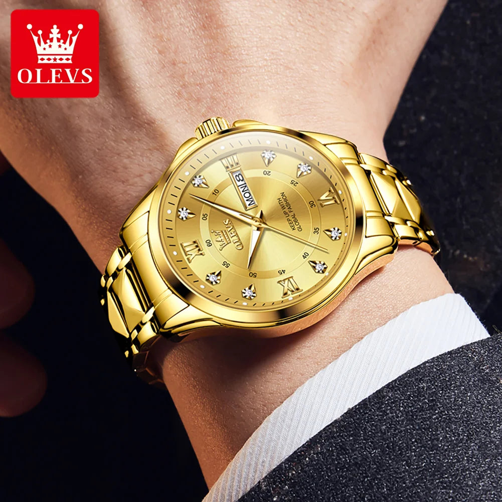 OLEVS High Quality Luxury Watches for Men Stainless Steel Dual Calendar Luminous Waterproof Quartz Fashion Business Man Watch - Qoraheyhub