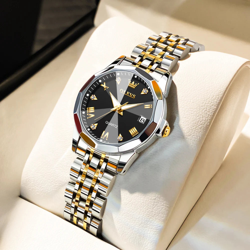 OLEVS Fashion Golden Watch for Women Stainless Steel Waterproof Women's Watches Elegant Original Luxury Ladies Quartz Wristwatch - Qoraheyhub