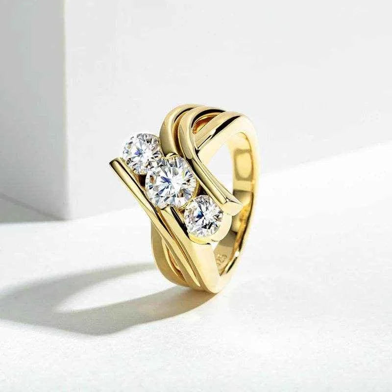 Three Stones 925 Sterling Silver 2 Carat All Moissanite Ring Woman Yellow Color Engagement Jewelry