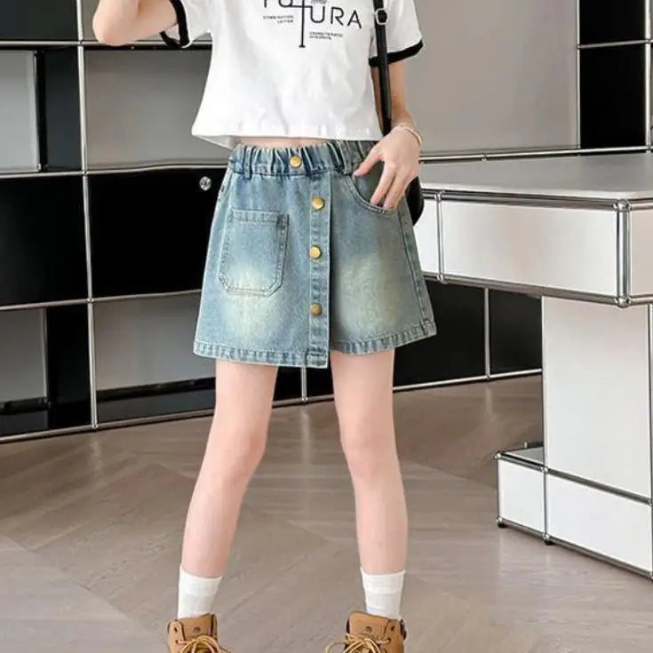 Summer Kids Babys Girls Denim Shorts Loose Outwear Children Girls Jeans Culotte 4-14Yrs Girls School Student Mid-length Pants - Qoraheyhub