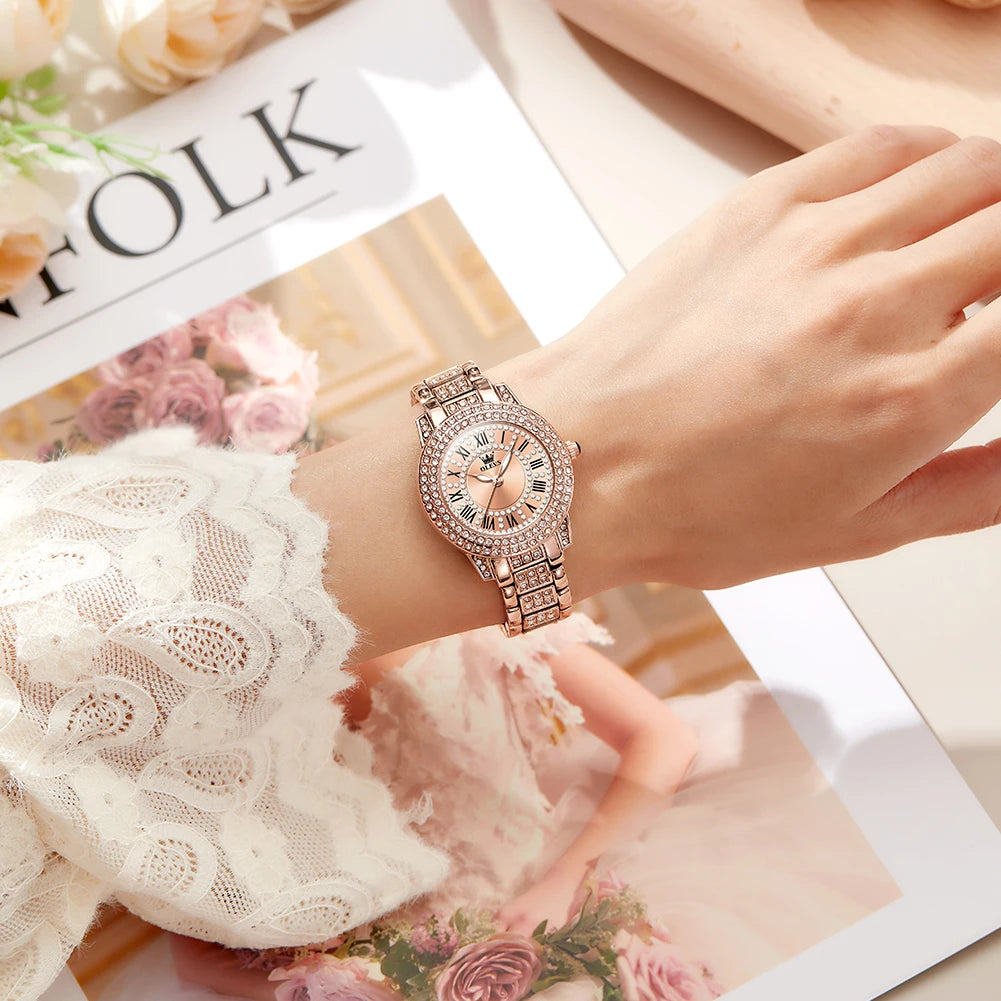 OLEVS Original Diamond Watch for Women Fashion Elegant Stainless Steel Waterproof Quartz Wristwatch Luxury Ladies Dress Watches - Qoraheyhub
