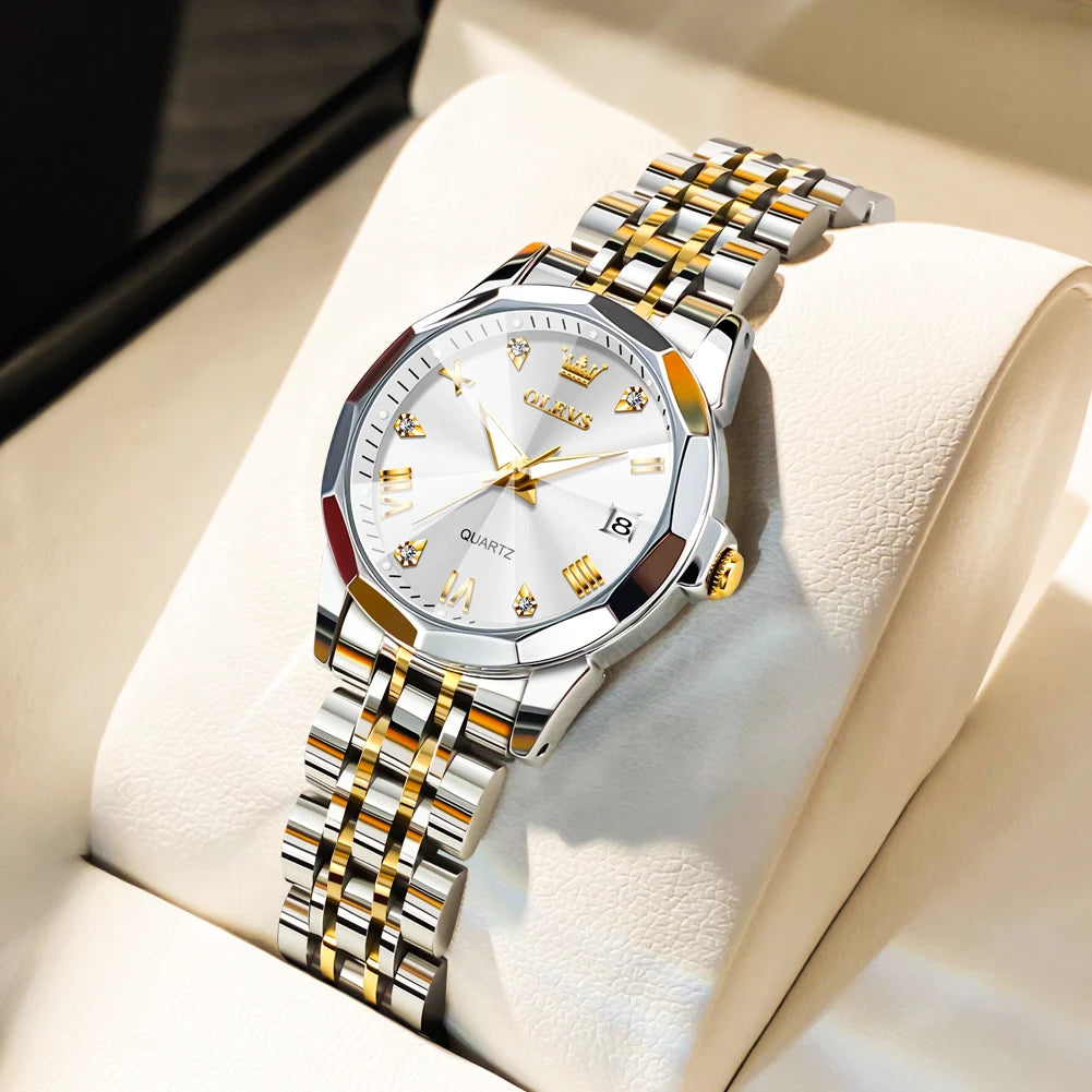 OLEVS Elegant Fashion Women's Watches Luxury Brand Original Quartz Watch for Ladies Waterproof Stainless Steel Luminous Date - Qoraheyhub
