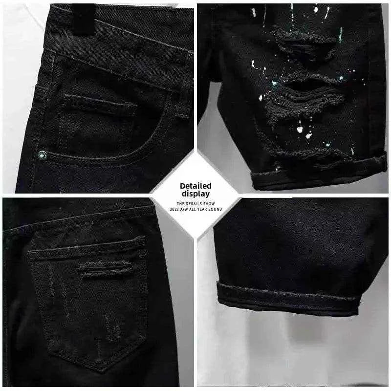 Trendy Brand Men's Unique Hip Hop Black Denim Shorts Loose Fit Summer Style High Quality Cotton Pants With Distressed Details