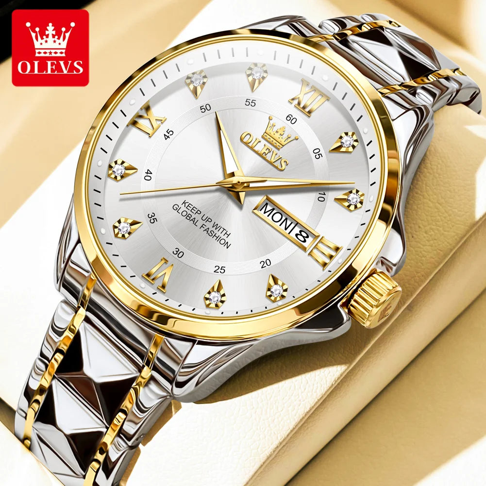 OLEVS High Quality Luxury Watches for Men Stainless Steel Dual Calendar Luminous Waterproof Quartz Fashion Business Man Watch - Qoraheyhub
