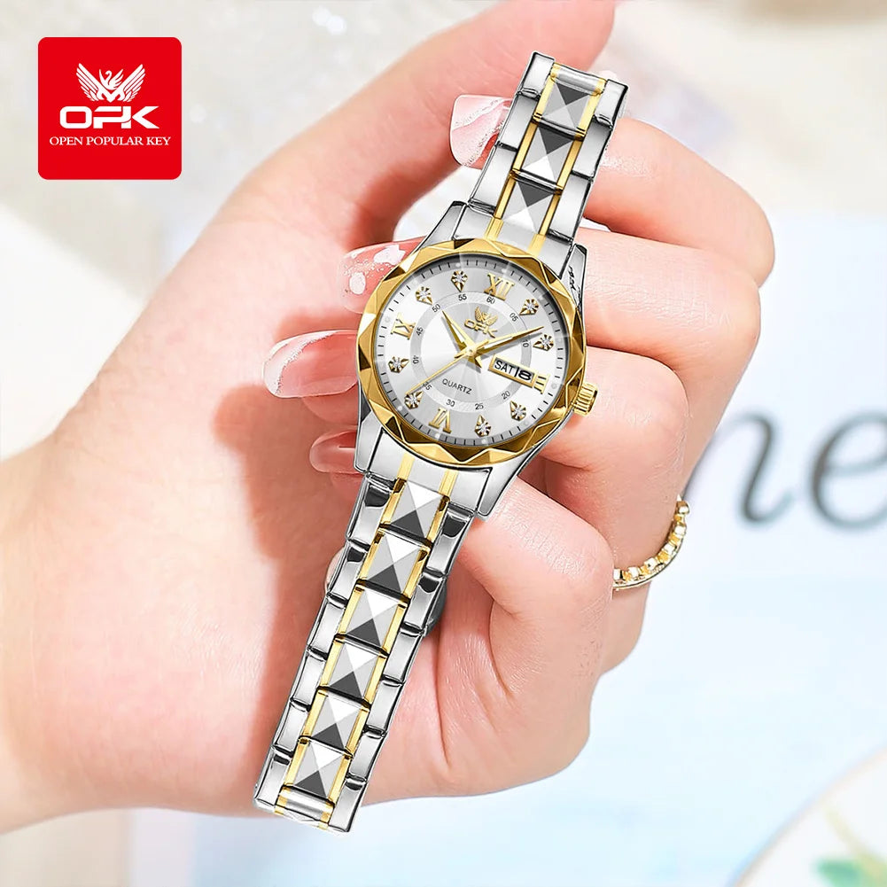 OPK Women Watches 6023L Elegant Fashion Original Quartz Watch for Lady Waterproof Stainless Steel Strap Small Dial Luminous Date - Qoraheyhub