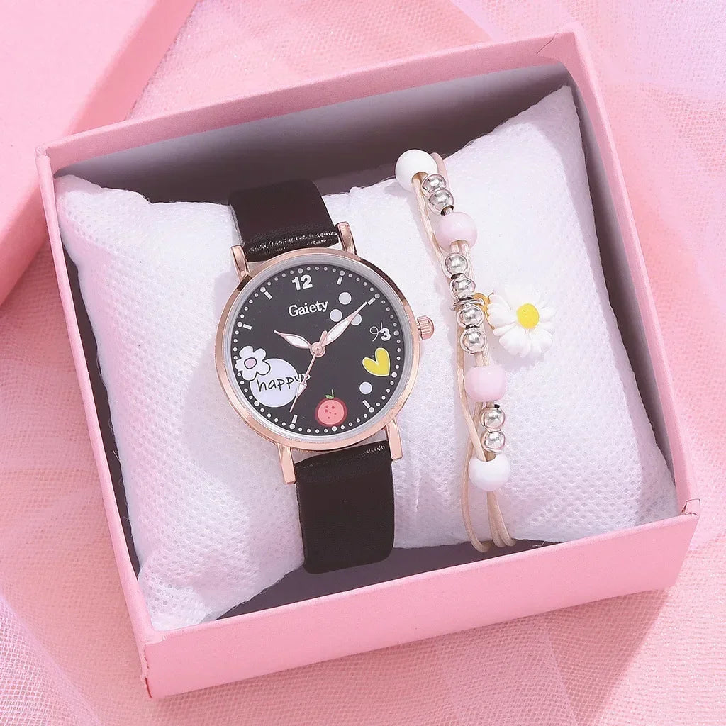 Kids Watches Pink Cute Children's Wristwatch Cartoon Pattern Quartz Watch Set for Girls Fashion Students' Clock Relogio Feminino - Qoraheyhub