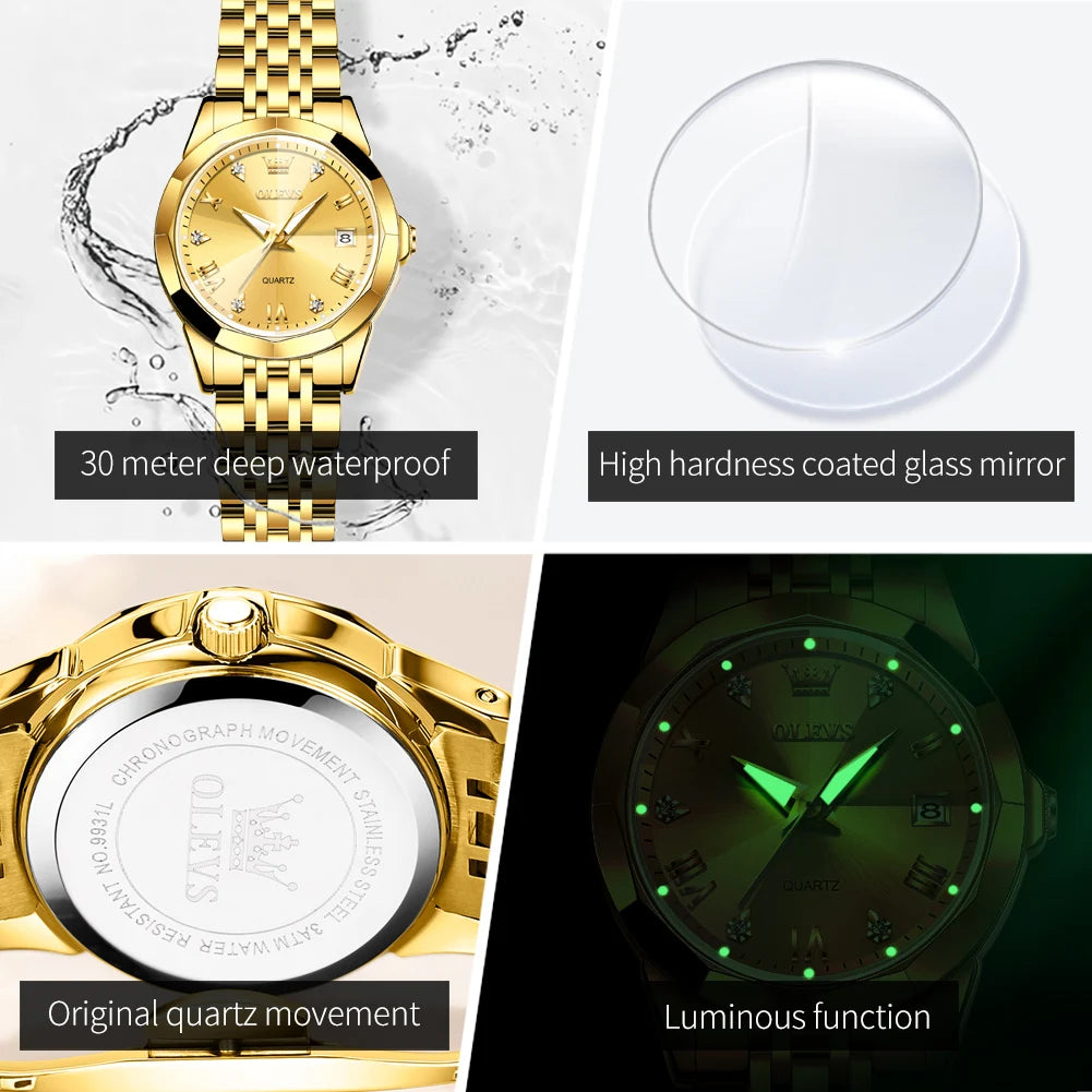 OLEVS Fashion Golden Watch for Women Stainless Steel Waterproof Women's Watches Elegant Original Luxury Ladies Quartz Wristwatch - Qoraheyhub