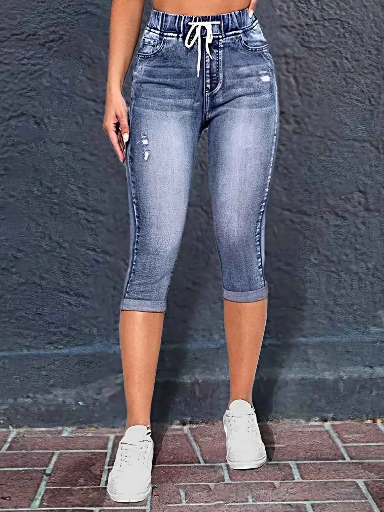 Y2K Style Women's Peacock Blue Stretch Mid-Rise Capri Jeans - Summer Casual Distressed Denim with Drawstring Waist