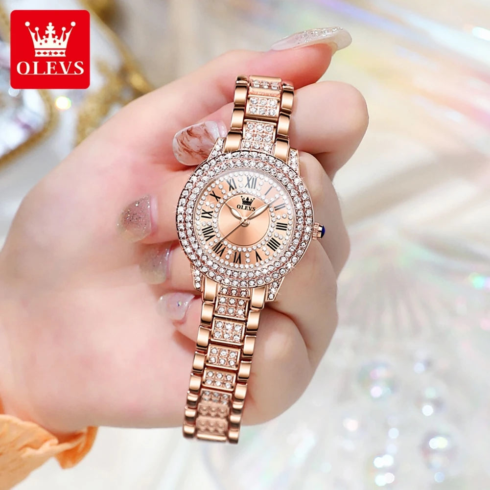 OLEVS Original Diamond Watch for Women Fashion Elegant Stainless Steel Waterproof Quartz Wristwatch Luxury Ladies Dress Watches - Qoraheyhub