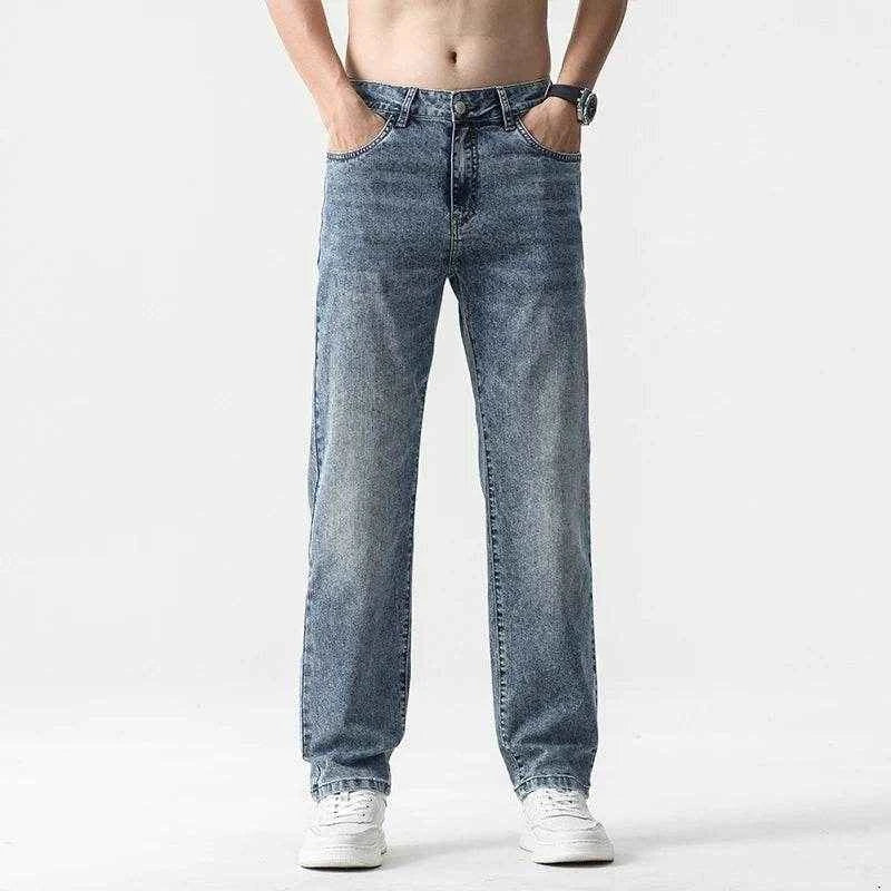 Wide Leg Jeans Men Baggy Pants Summer Straight Cut Loose Retro Blue Denim Pants Streetwear Fashion Pockets Vintage Man Clothes