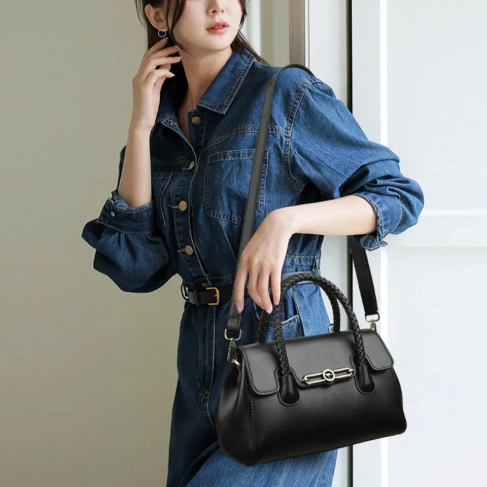 Retro High Quality Oil Leather Women Top-handle Shoulder Bags Vintage Casual Totes Latest Trendy Lock Designer Handbag Small