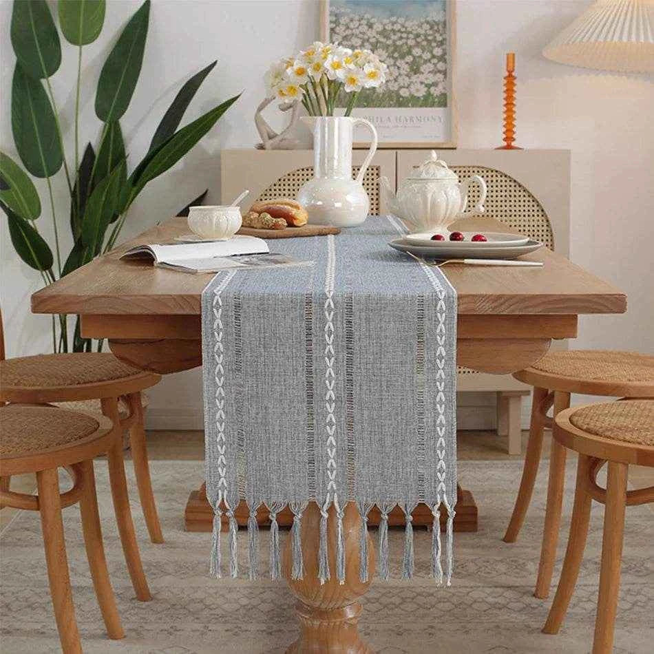 Cotton Linen Blended Table Runner,Hand-woven Tassels Perfect for Wedding Arched Door Party Dinner Table Decor