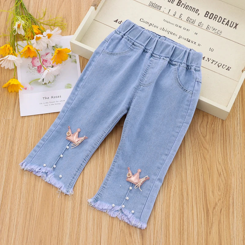 7/10 Pants LengthSpring Autumn Children Jeans Girls Cotton Print Splice Stretch Denim Pants Korean Teenage Kids Clothing - Qoraheyhub