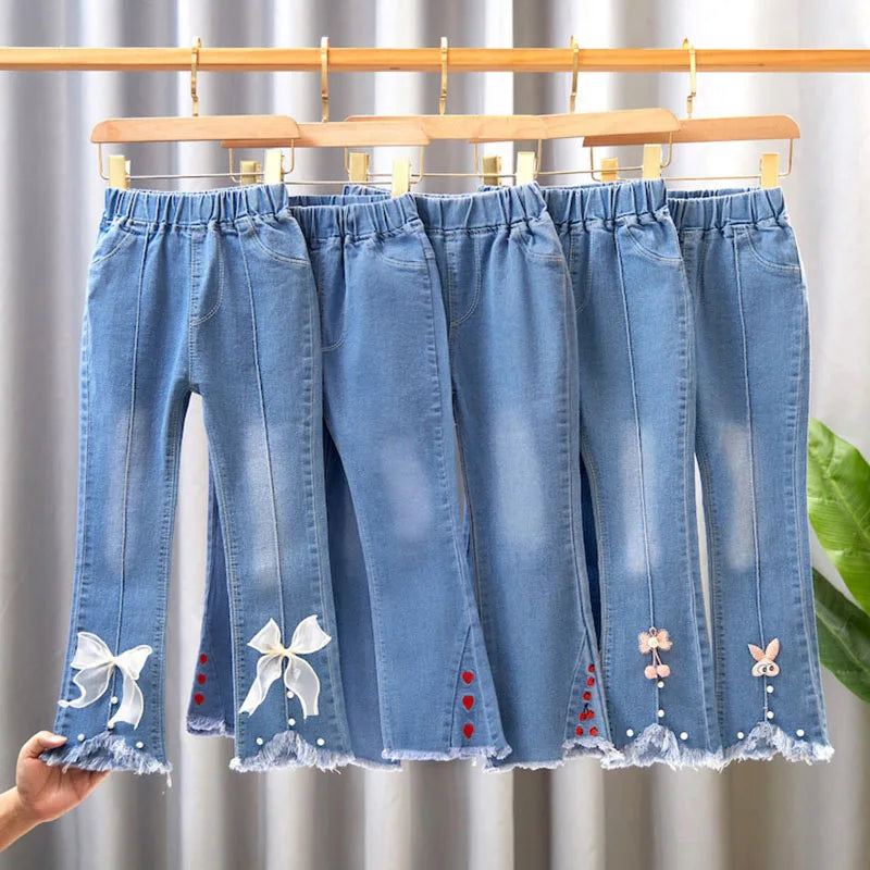 2024 New Autumn Elastic Kids Jeans Girls Cute Leisure Bow Denim Blue Children Flared Pants teenage Girl Clothes Trousers 3-12Y - Qoraheyhub