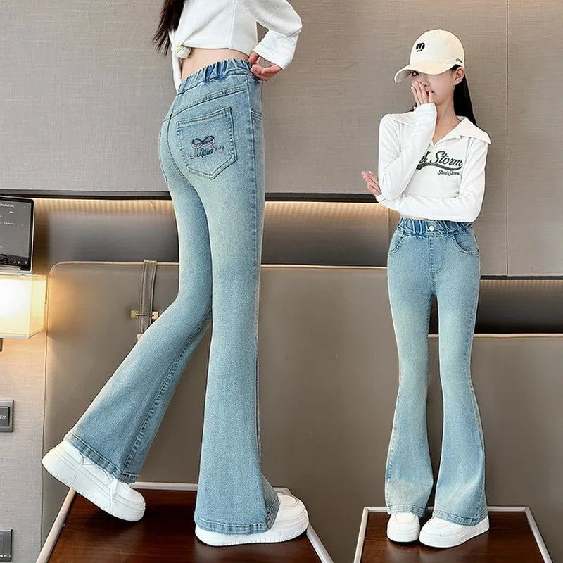 New Bow Embroidery Design Children Flared Jeans For Girls Fashion Street Denim Pants High Quality Kids Baby Trousers 5-14 Y - Qoraheyhub