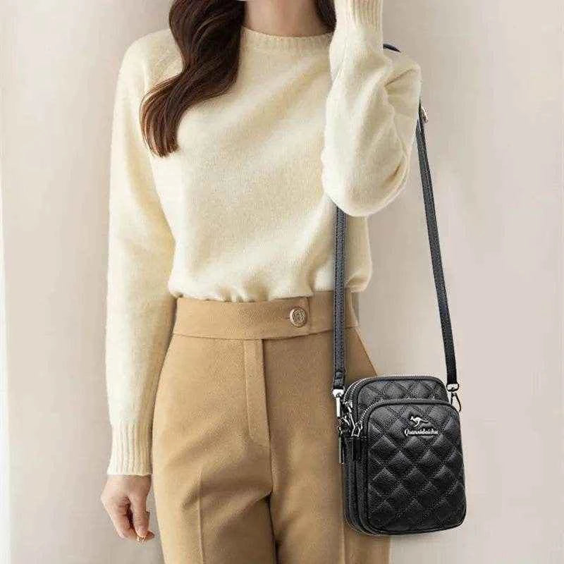 2025 New Three-layer Mobile Phone Bag Women's Single Shoulder Mother's Bag Fashionable Diamond Grid Embroidery Crossbody Handbag