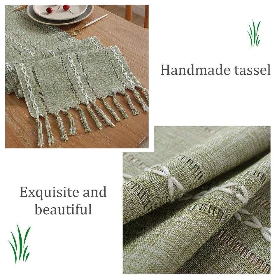 Cotton Linen Blended Table Runner,Hand-woven Tassels Perfect for Wedding Arched Door Party Dinner Table Decor
