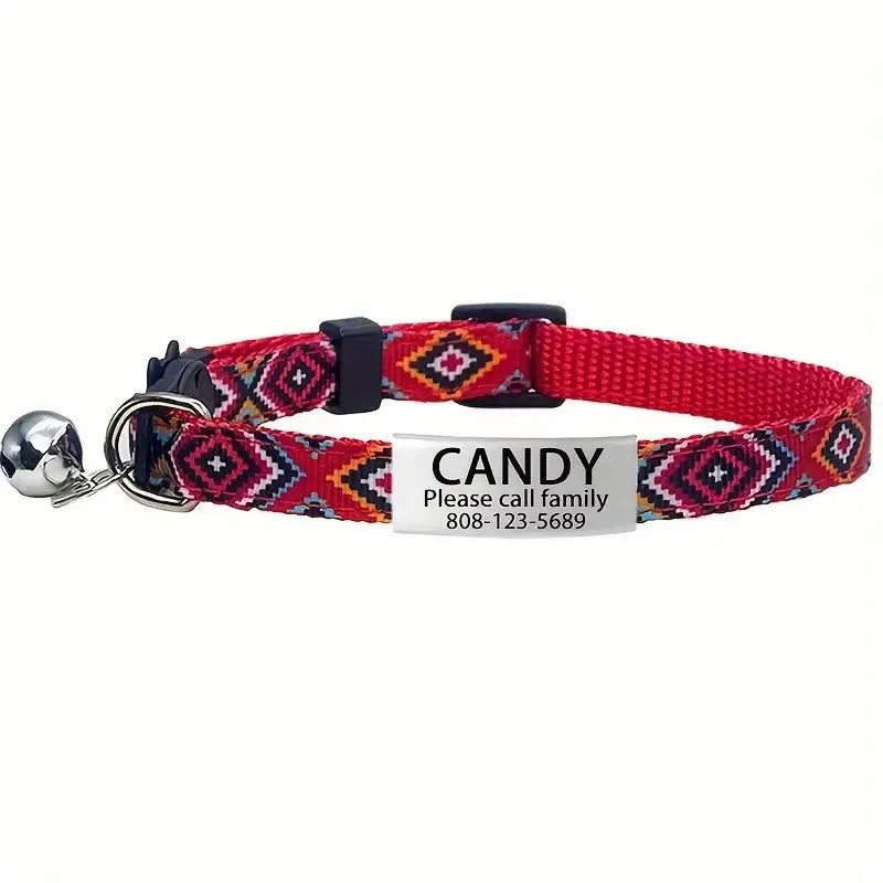 Personalized ID Tag Cat Collar with Bell Custom Collar Safety Breakaway Adjustable Nylon Engraving Small Kitten Necklace