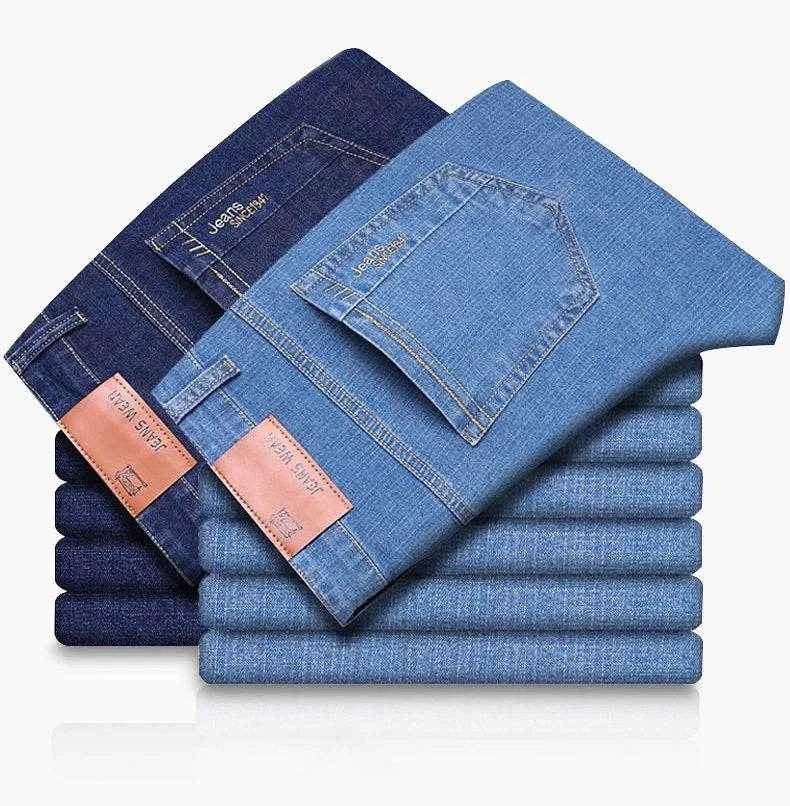 Summer Thin Men's Elastic Cotton Jeans Fashion Blue Comfortable Business Straight Casual Pants Brand Male Clothes Trousers