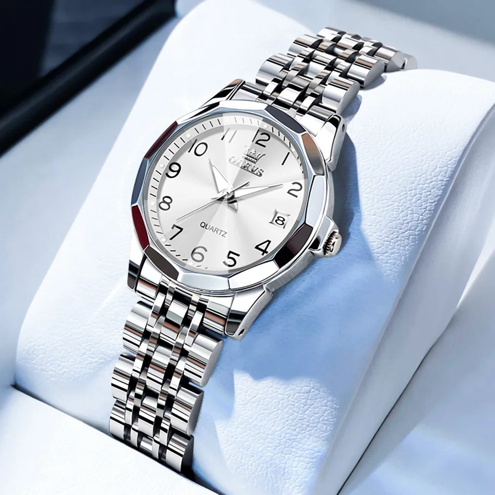 OLEVS Elegant Fashion Women's Watches Luxury Brand Original Quartz Watch for Ladies Waterproof Stainless Steel Luminous Date - Qoraheyhub