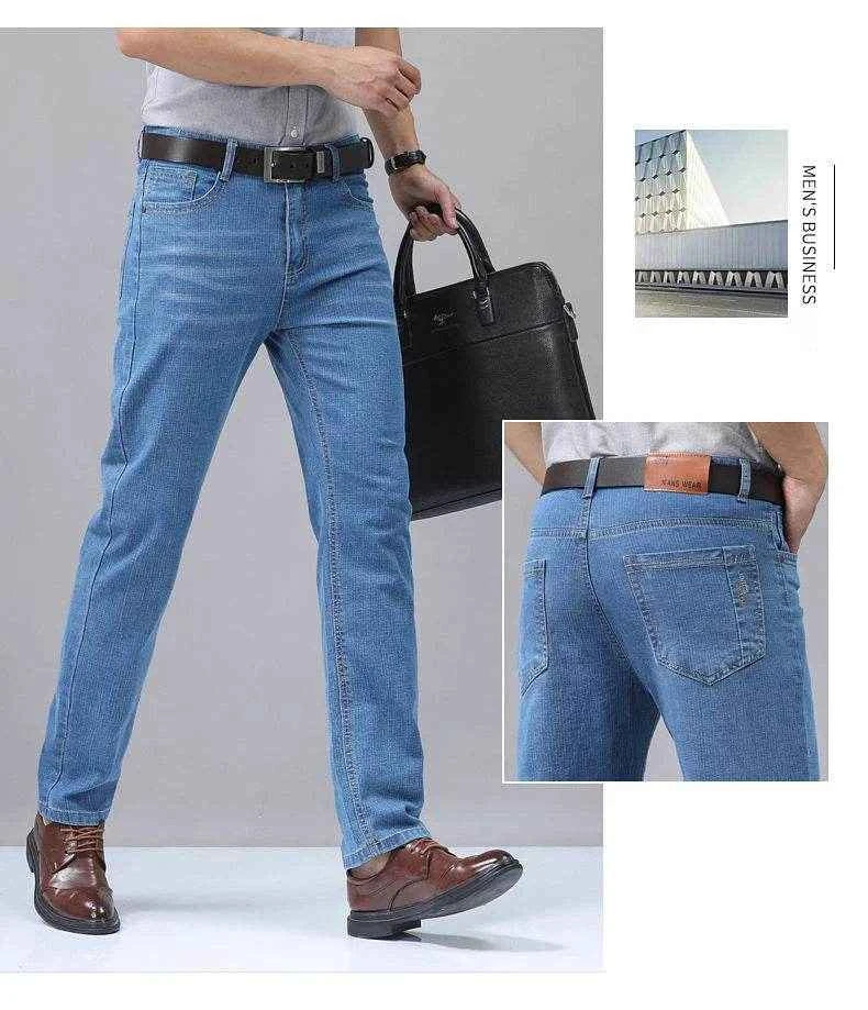 Summer Thin Men's Elastic Cotton Jeans Fashion Blue Comfortable Business Straight Casual Pants Brand Male Clothes Trousers