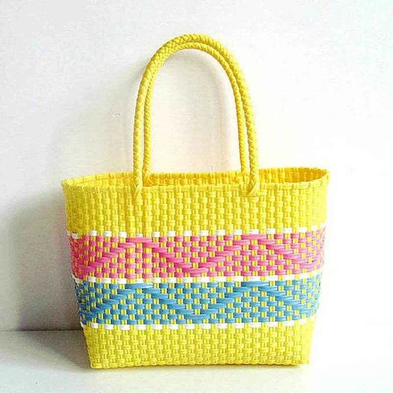 Plastic Woven Women's Handbag Handmade Bohemia Storage Basket Contrast Tote Bag Designer Summer Beach Bag Female Shoulder Bags