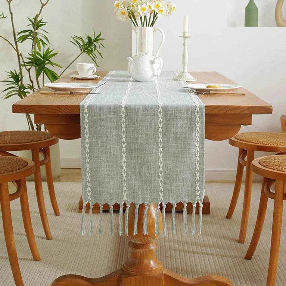 Cotton Linen Blended Table Runner,Hand-woven Tassels Perfect for Wedding Arched Door Party Dinner Table Decor