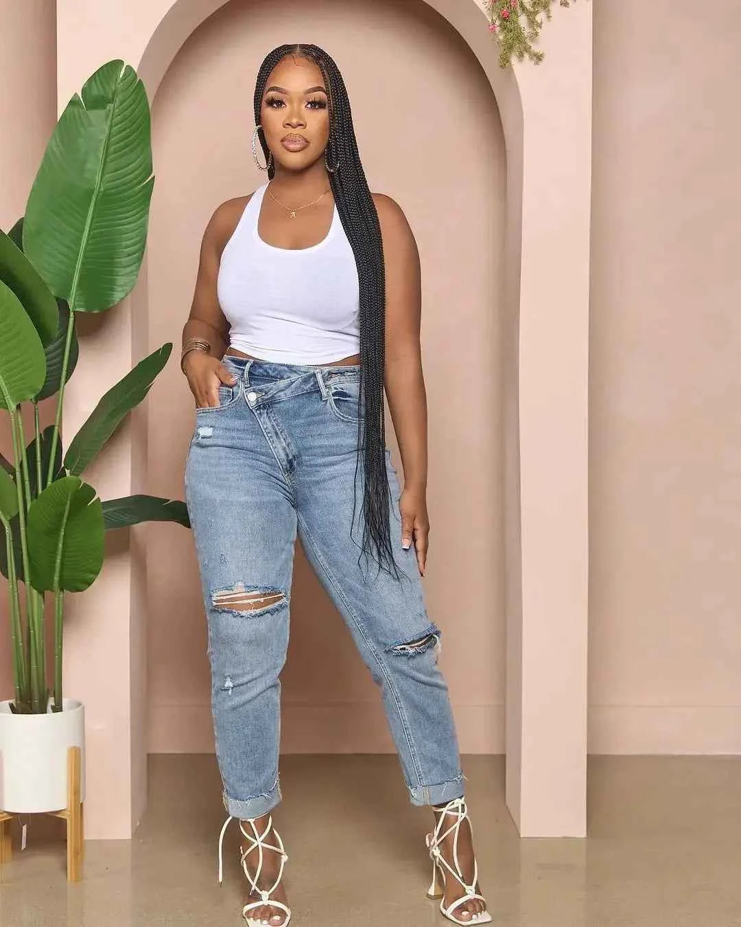 Jeans Women denim pant Cuffs Hole Distressed Ankle Length Straight Pants Washed Ripped Casual Denim High Waist Loose 2025
