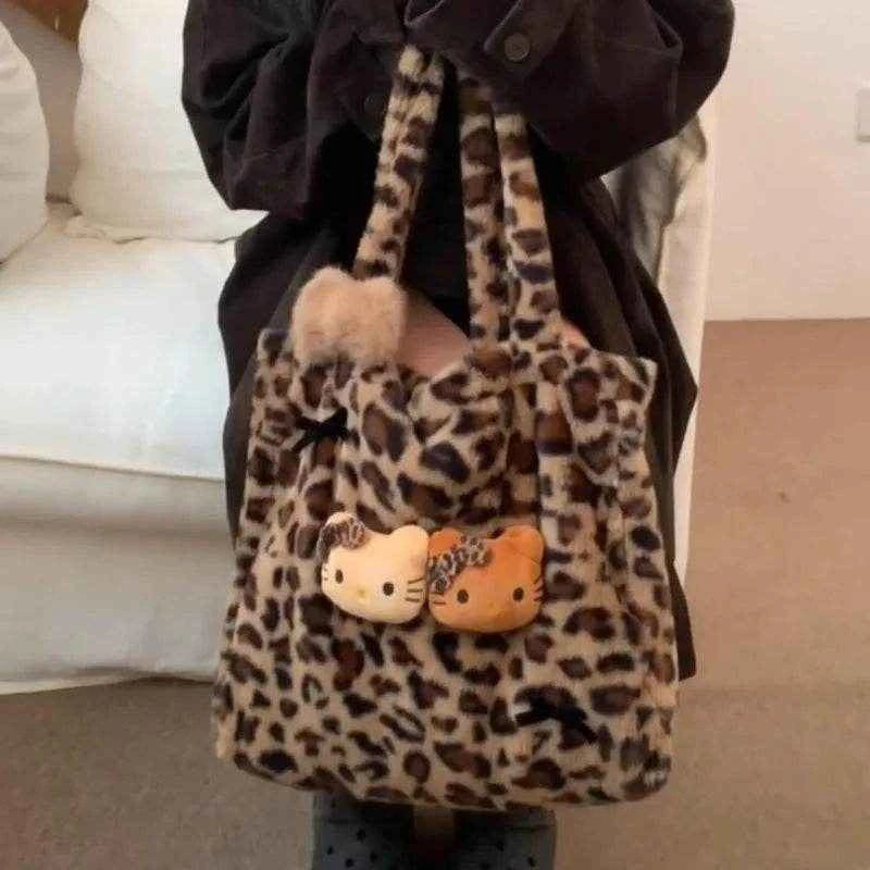 Xiuya Y2k Vintage Womens Shoulder Bag Hello Kitty Leopard Print Fashion Tote Bag Cute Bow Plush Large Capacity Ladies Handbag