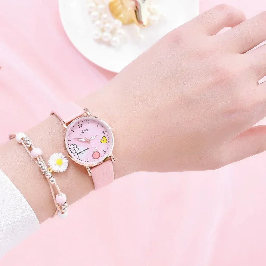 Kids Watches Pink Cute Children's Wristwatch Cartoon Pattern Quartz Watch Set for Girls Fashion Students' Clock Relogio Feminino - Qoraheyhub