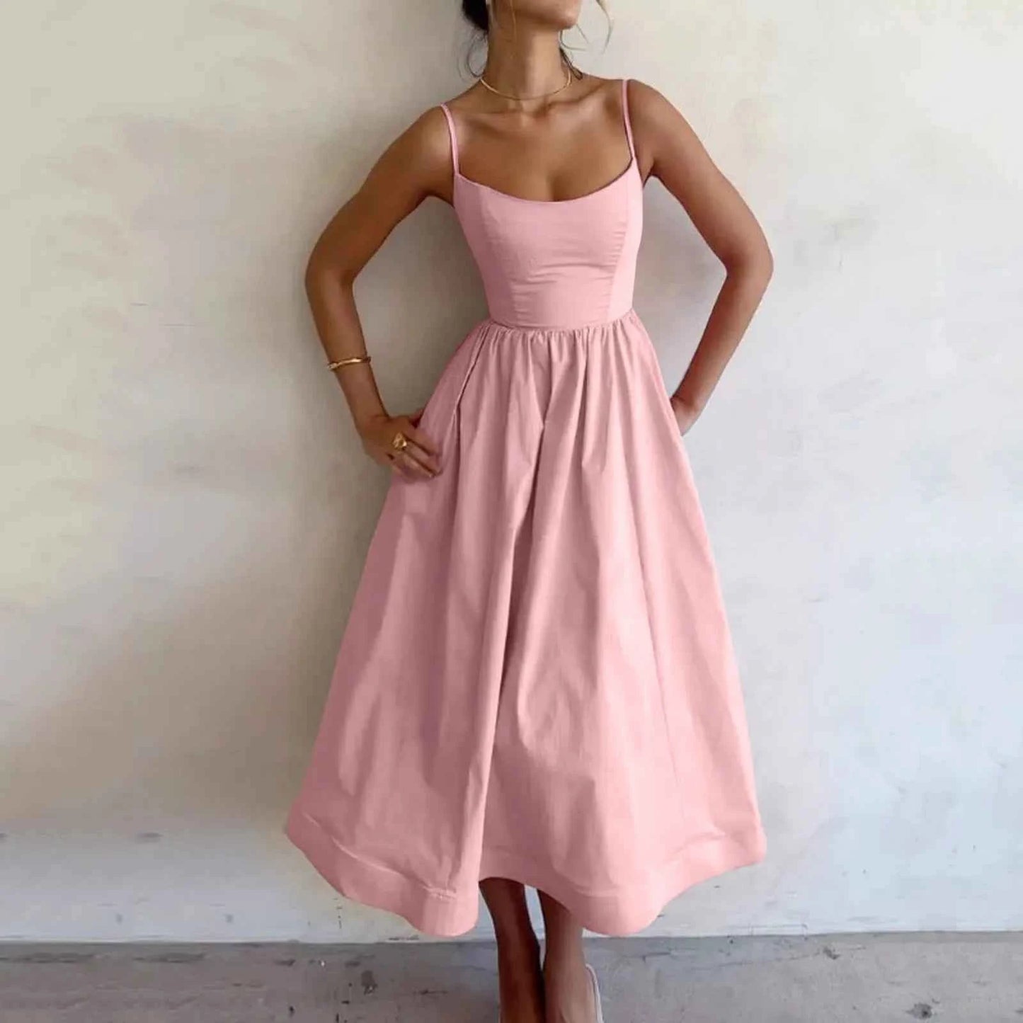 Dresses For Girls Women Sleeveless Sling Long Summer Solid Color Elegant Square Collar Backless A Line Bandage Dress Sexy