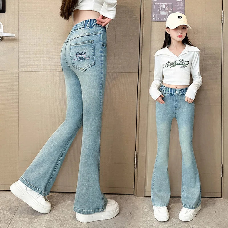 New Bow Embroidery Design Children Flared Jeans For Girls Fashion Street Denim Pants High Quality Kids Baby Trousers 5-14 Y - Qoraheyhub