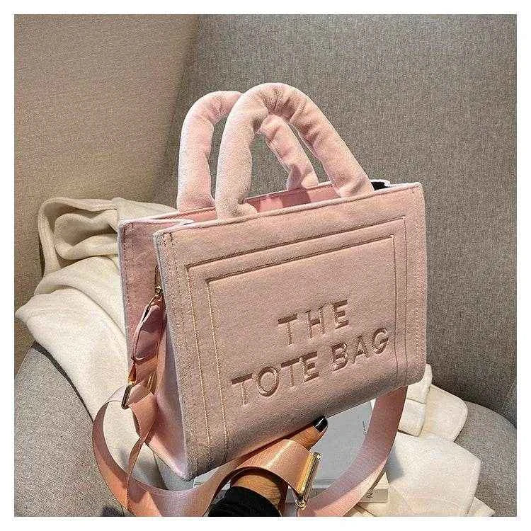 2025 Women's Khaki Velour Tote Bag Original Letter Print Medium Ladies Brand Shopper Handbag Female Square Medium Shoulder Bags