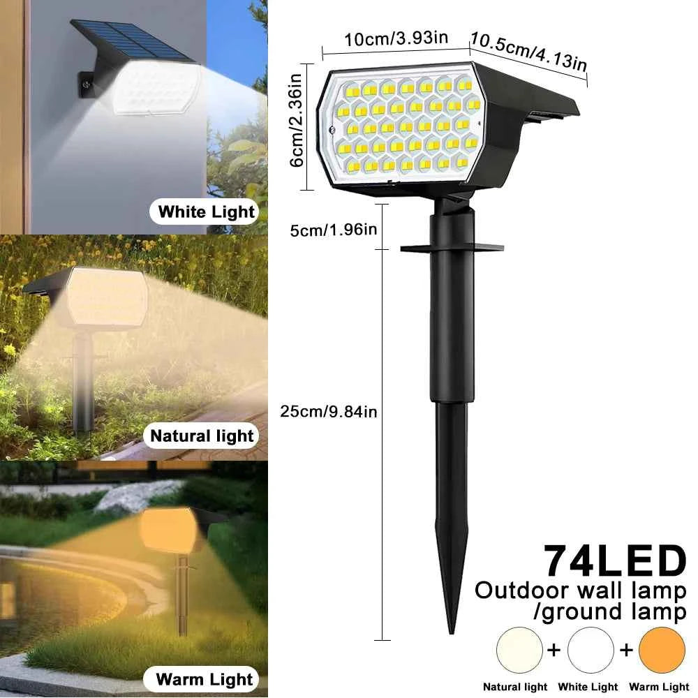 2024 New LED Solar Landscape Spotlights 74 LED Tricolor Light Waterproof 37 LED RGB Solar Garden Wall Lights Yard Lawn Pathway