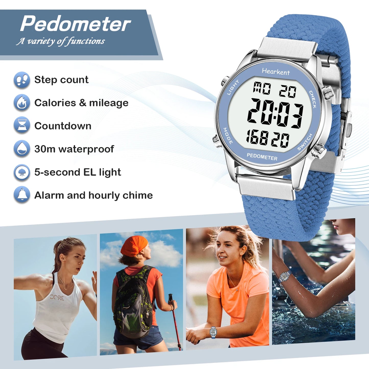 Hearkent Pedometer Sport Watches Step Counter Watch Women Digital Watches Calories Mile Stopwatch Countdown for Walking Tracker - Qoraheyhub