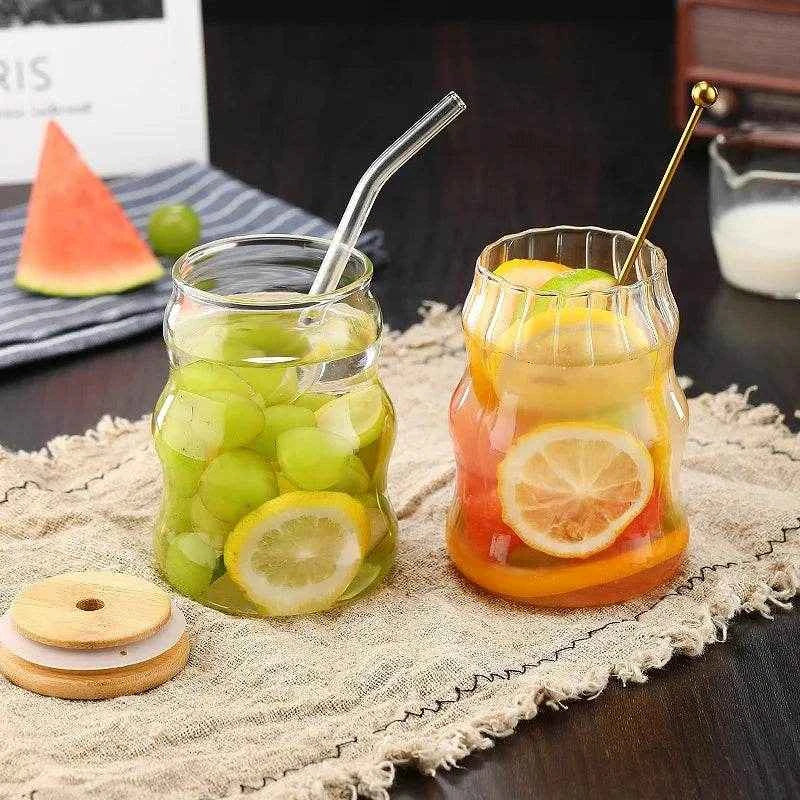 1/2pcs 500ml Glass Tumblers Cups With Straw Mason Jar Clear Juice Coffee Milk Cup With Bamboo Lids Drinkware Stripe Beer Mug