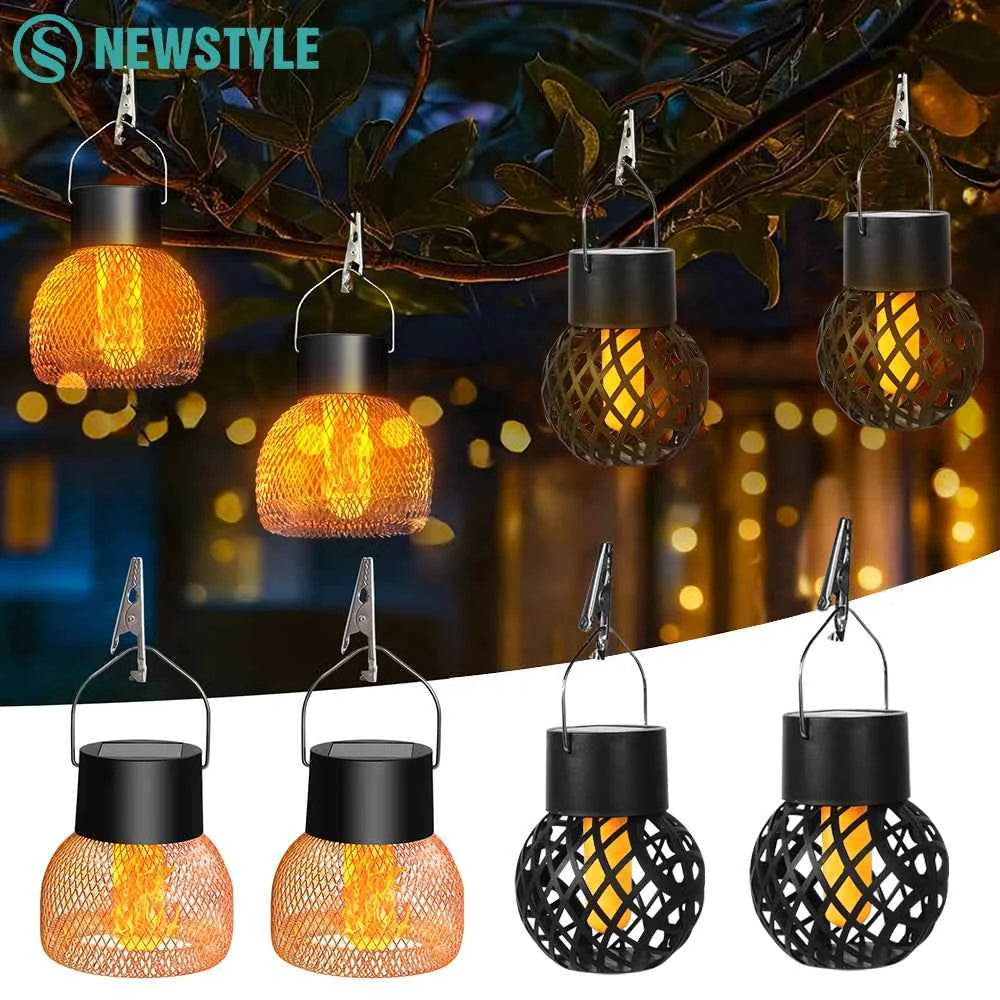 LED Outdoor Flame Effect Hanging Lantern Ball Lamp Retro Waterproof Solar Powered Lights Courtyard Garden Path Camping Decoratio