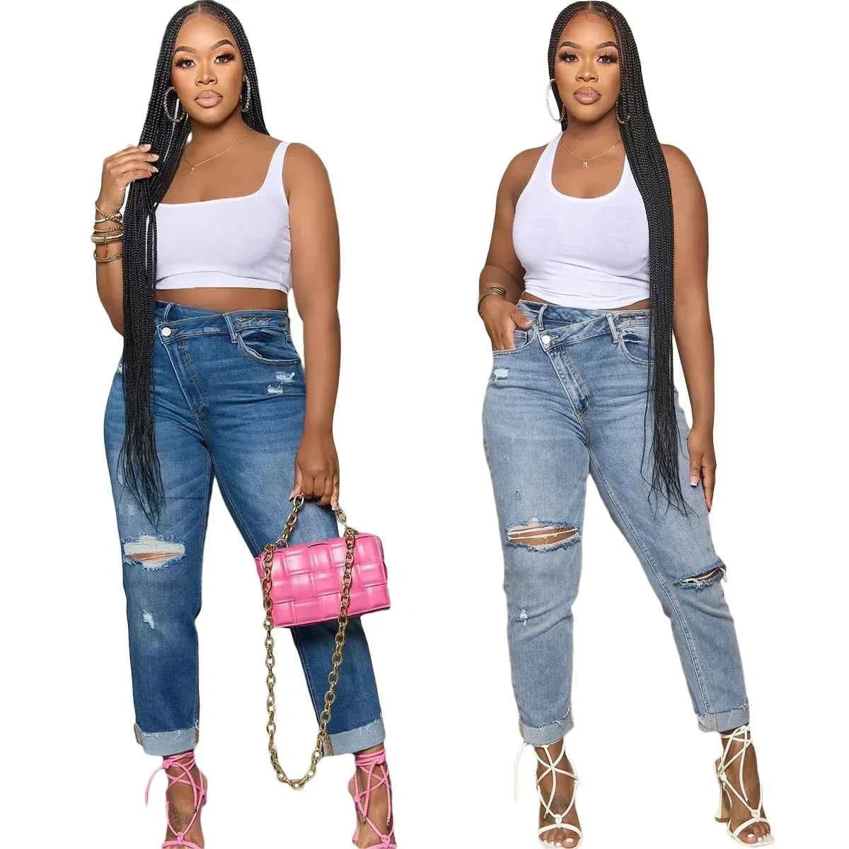Jeans Women denim pant Cuffs Hole Distressed Ankle Length Straight Pants Washed Ripped Casual Denim High Waist Loose 2025